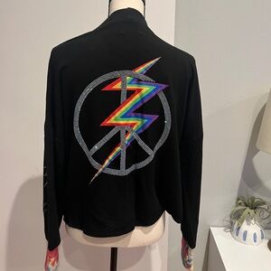 RARE Lauren Moshi Black Cardigan with Rainbow Peace Sign & lightning bolt Design